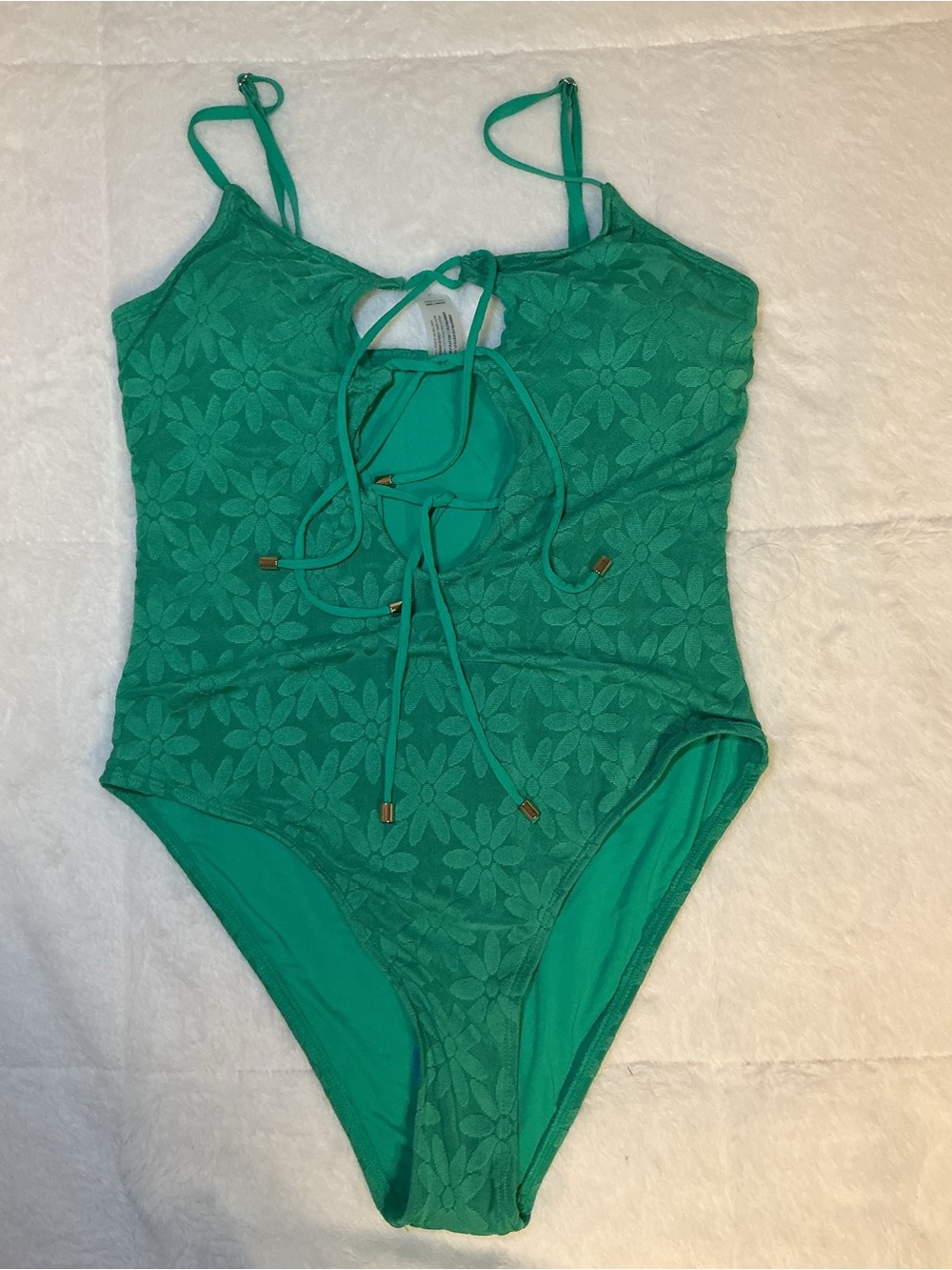 Green Floral Lace Tie-Front one piece bathing suit with skirt - Picture 3 of 11